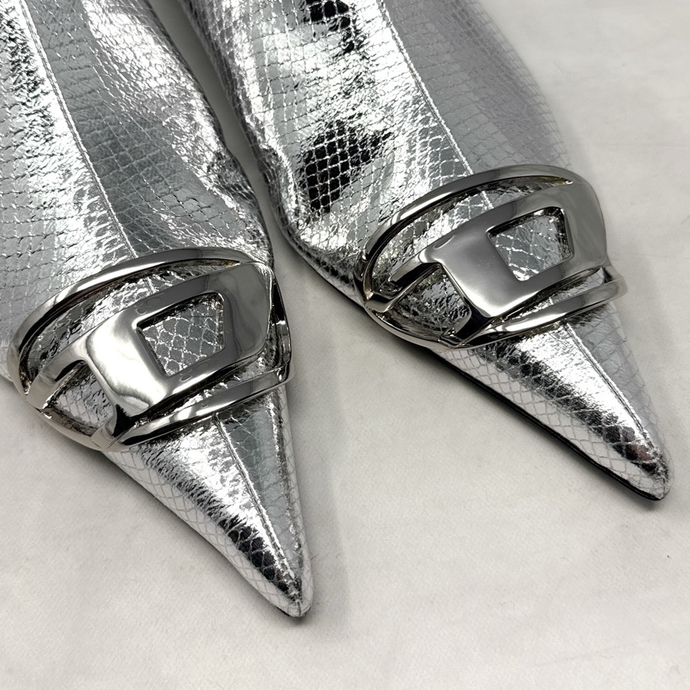 NEW Diesel D-Venus Snakeskin Metallic Metal Logo Pointed Toe Flat Mule Shoes 37 - Picture 4 of 16